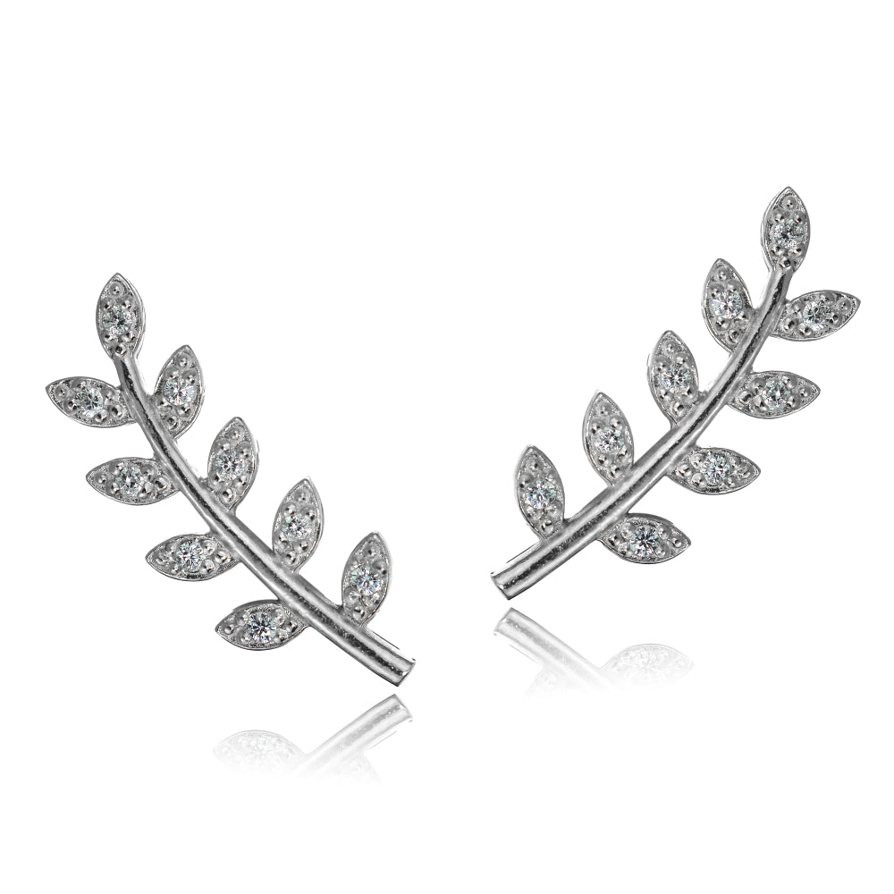 Sterling Silver Cubic Zirconia Leaf Crawler Climber Hook Earrings-2