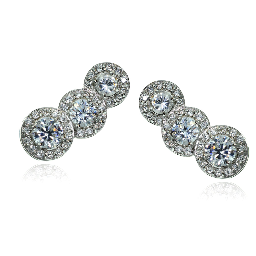 Sterling Silver Cubic Zirconia Three Stone Halo Crawler Climber Hook Earrings-2