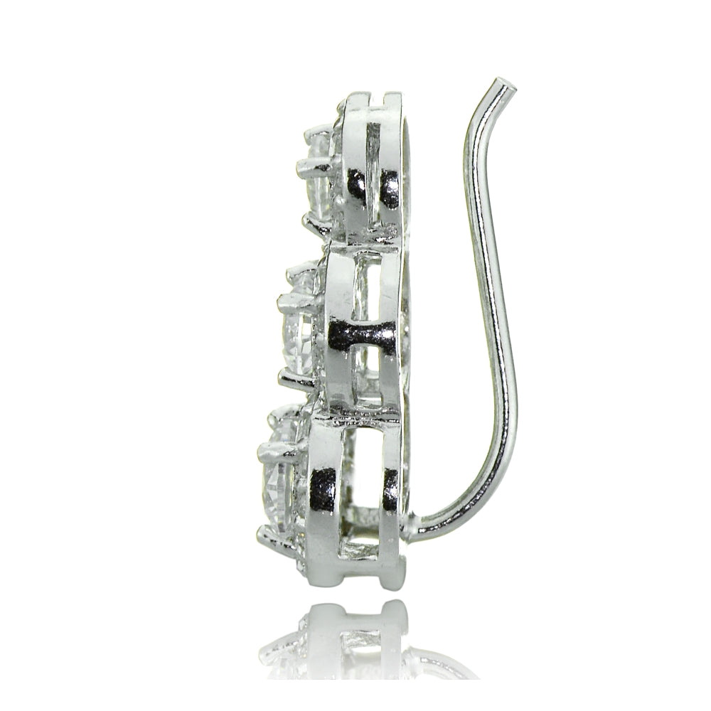 Sterling Silver Cubic Zirconia Three Stone Halo Crawler Climber Hook Earrings-3