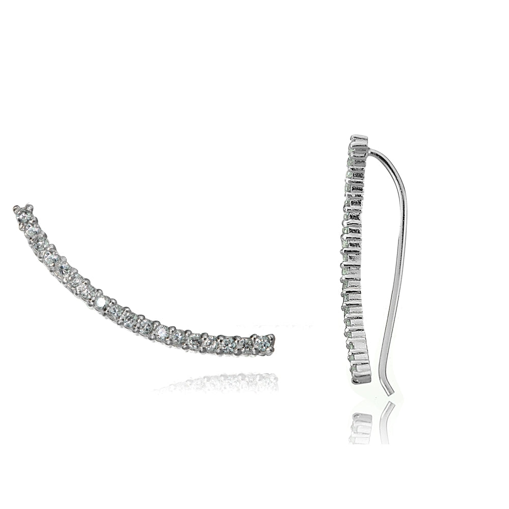 Sterling Silver Cubic Zirconia Curved Crawler Climber Hook Earrings