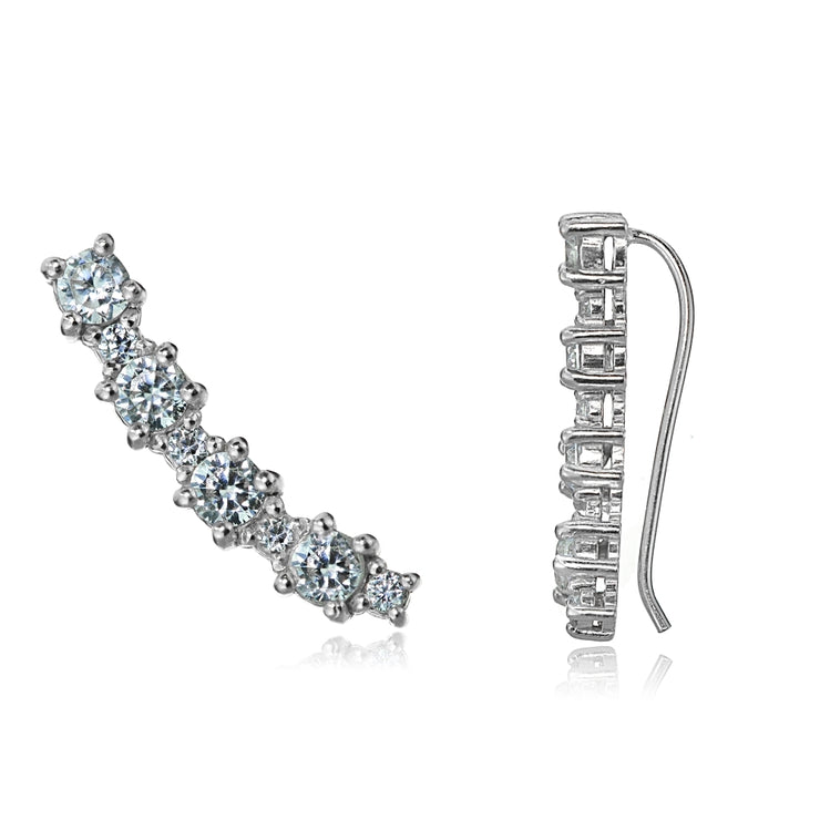 Sterling Silver Round Cubic Zirconia Curved Crawler Climber Hook Earrings