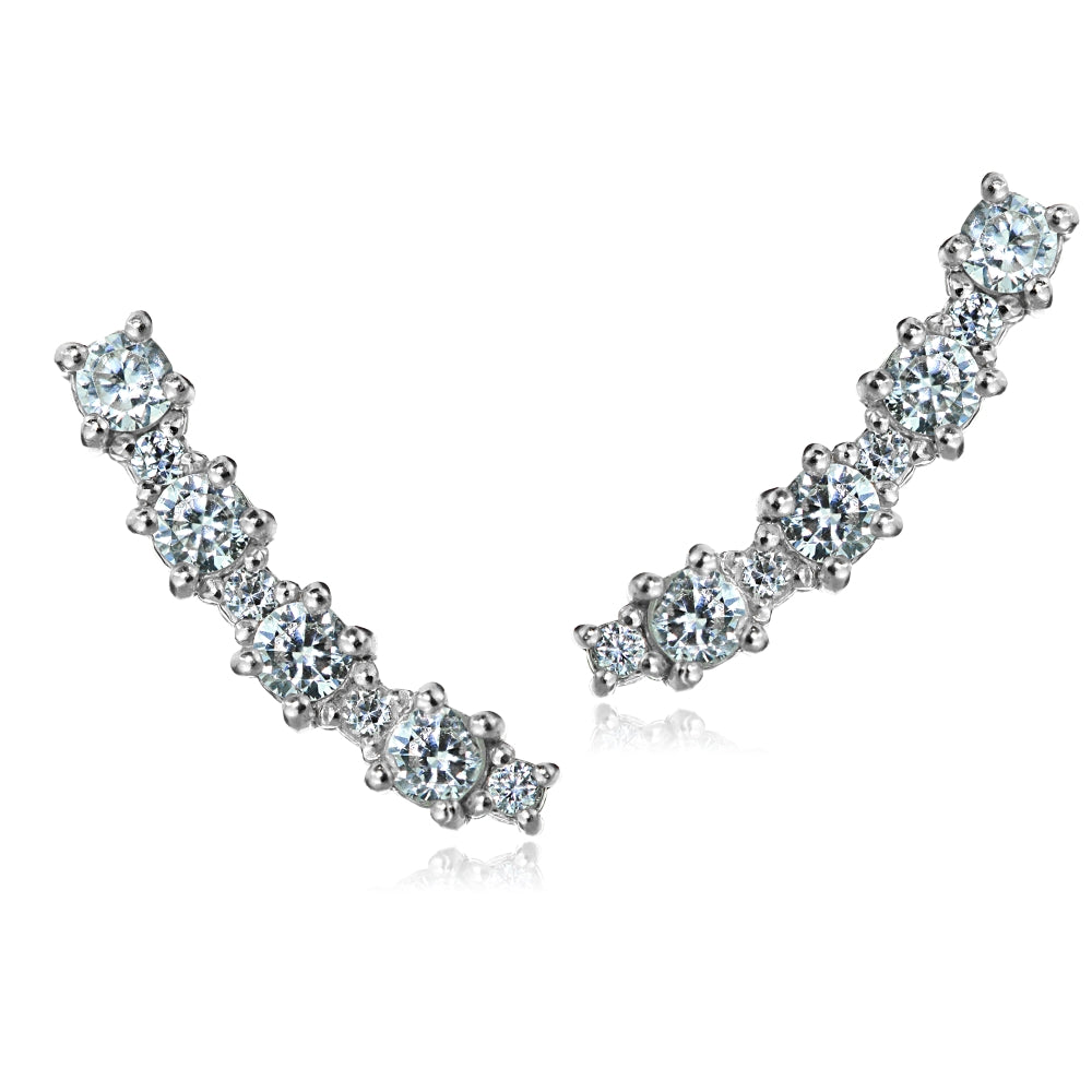 Sterling Silver Round Cubic Zirconia Curved Crawler Climber Hook Earrings-2