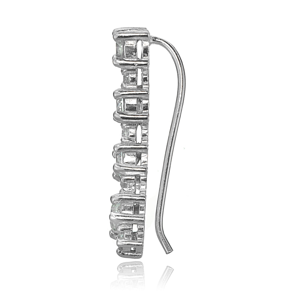 Sterling Silver Round Cubic Zirconia Curved Crawler Climber Hook Earrings-3