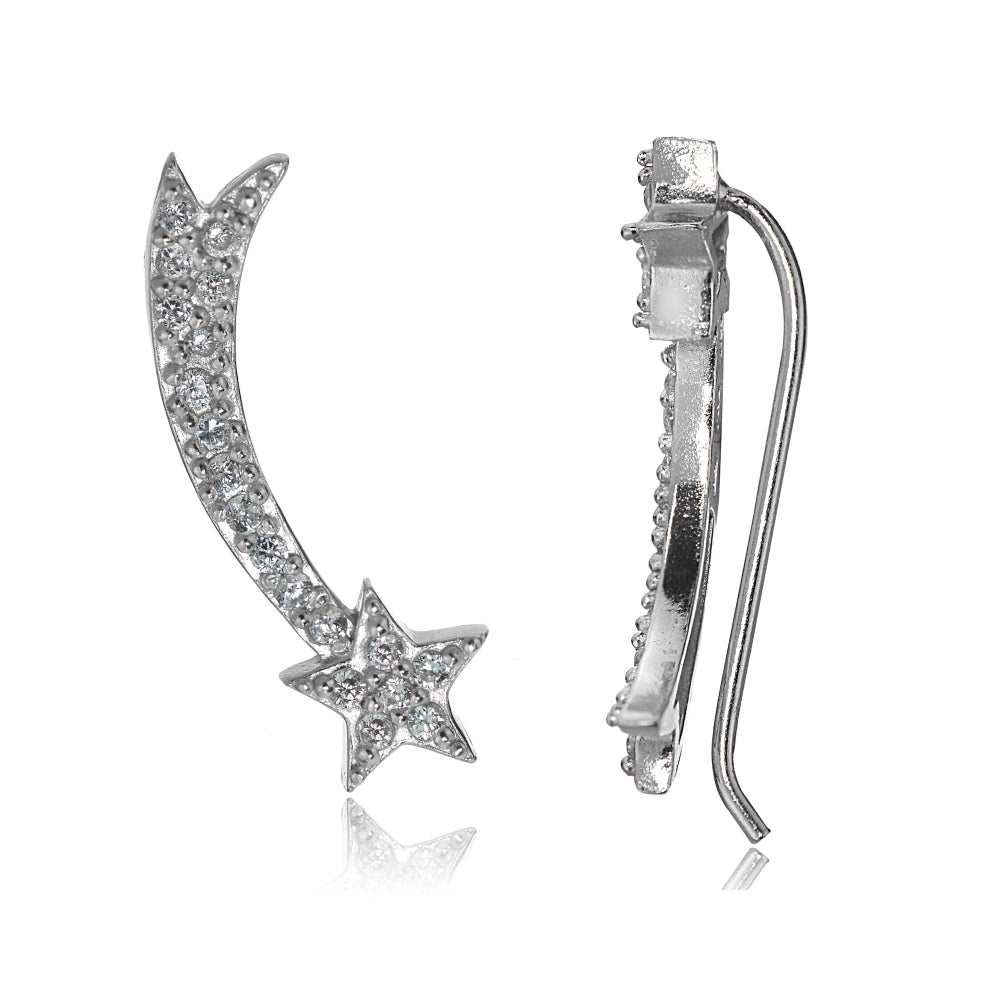 Sterling Silver Cubic Zirconia Shooting Star Crawler Climber Hook Earrings