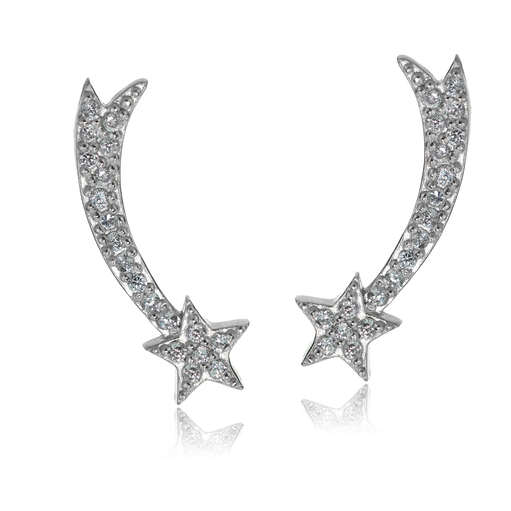 Sterling Silver Cubic Zirconia Shooting Star Crawler Climber Hook Earrings-2