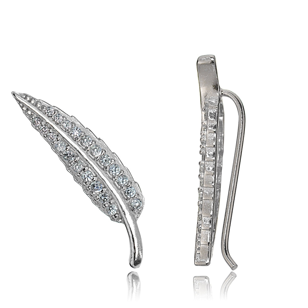 Sterling Silver Cubic Zirconia Leaf Crawler Climber Hook Earrings