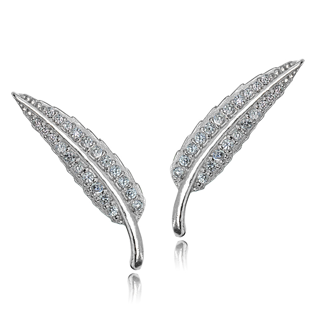 Sterling Silver Cubic Zirconia Leaf Crawler Climber Hook Earrings-2