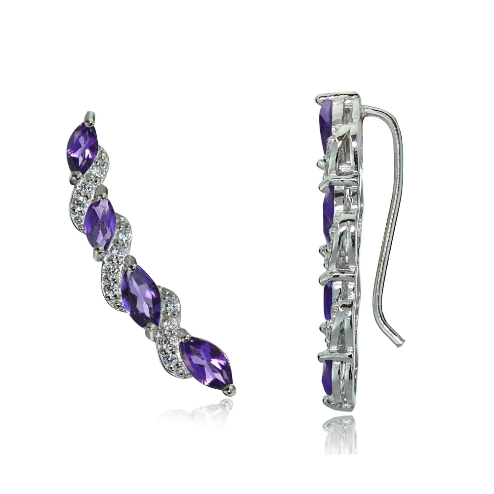 Sterling Silver African Amethyst and White Topaz Twist Crawler Climber Hook Earrings