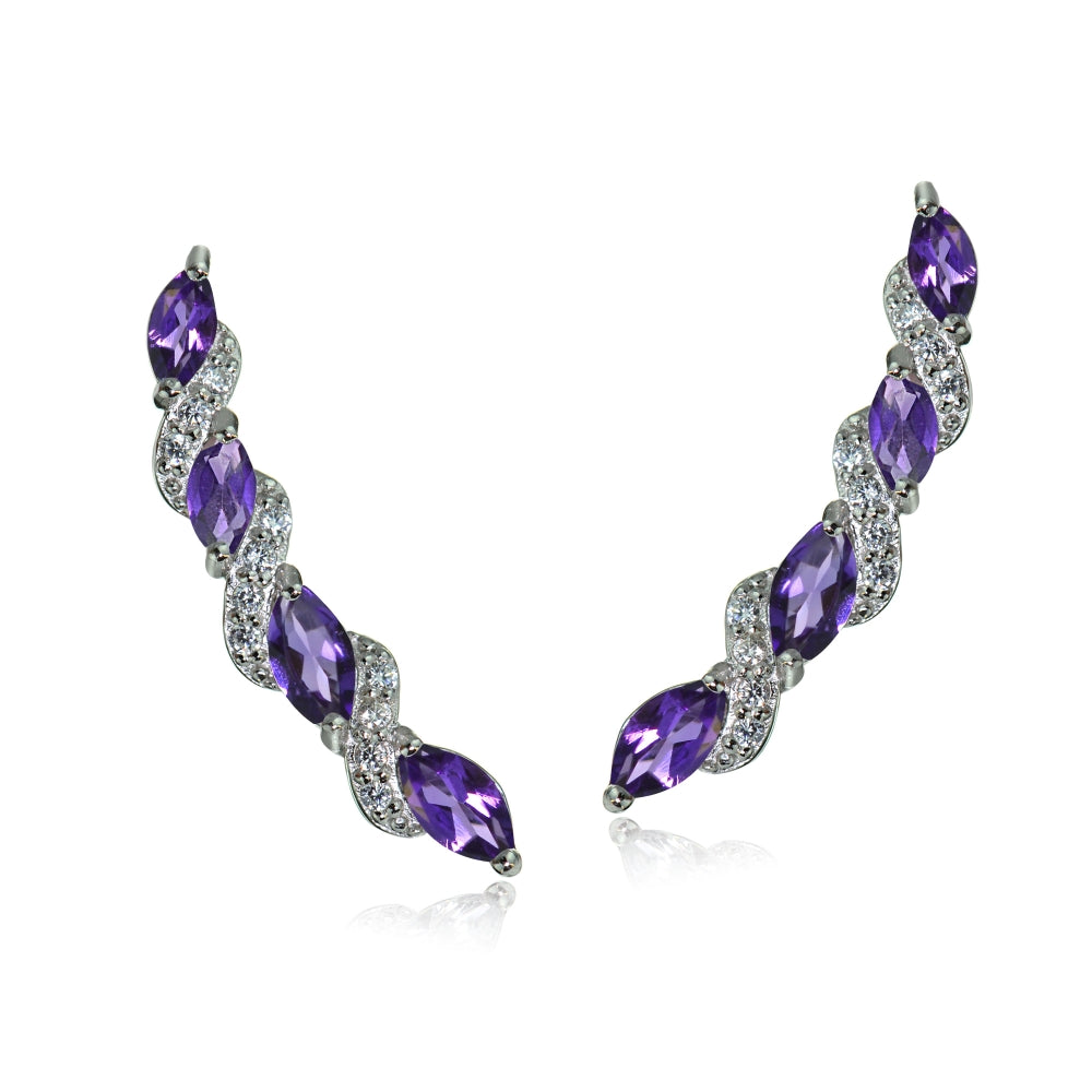 Sterling Silver African Amethyst and White Topaz Twist Crawler Climber Hook Earrings-2
