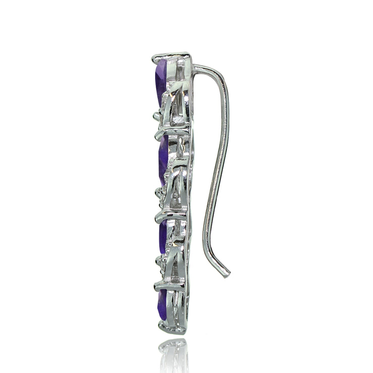 Sterling Silver African Amethyst and White Topaz Twist Crawler Climber Hook Earrings