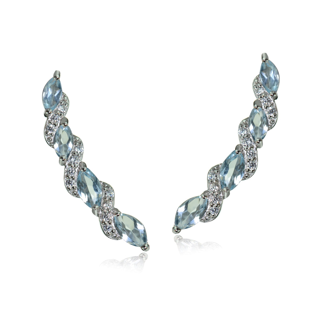 Sterling Silver Blue Topaz and White Topaz Twist Crawler Climber Hook Earrings-2