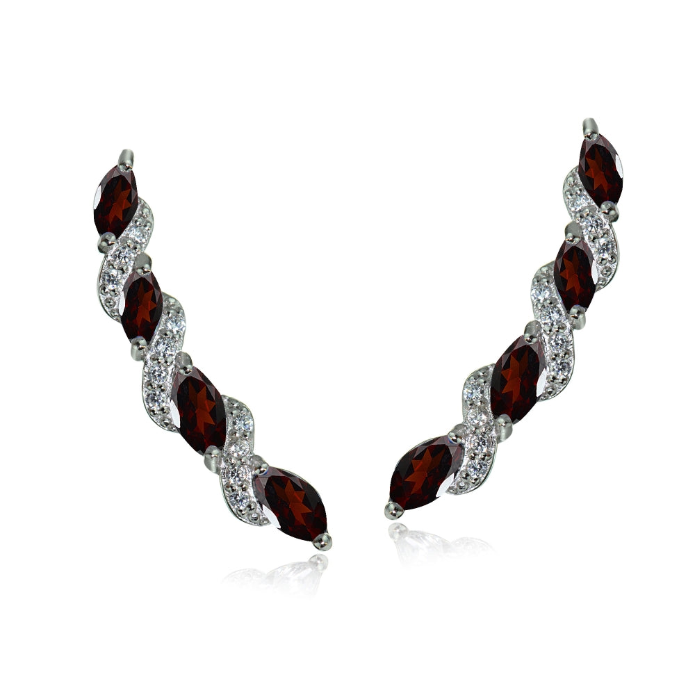 Sterling Silver Garnet & White Topaz Twist Crawler Climber Hook Earrings
