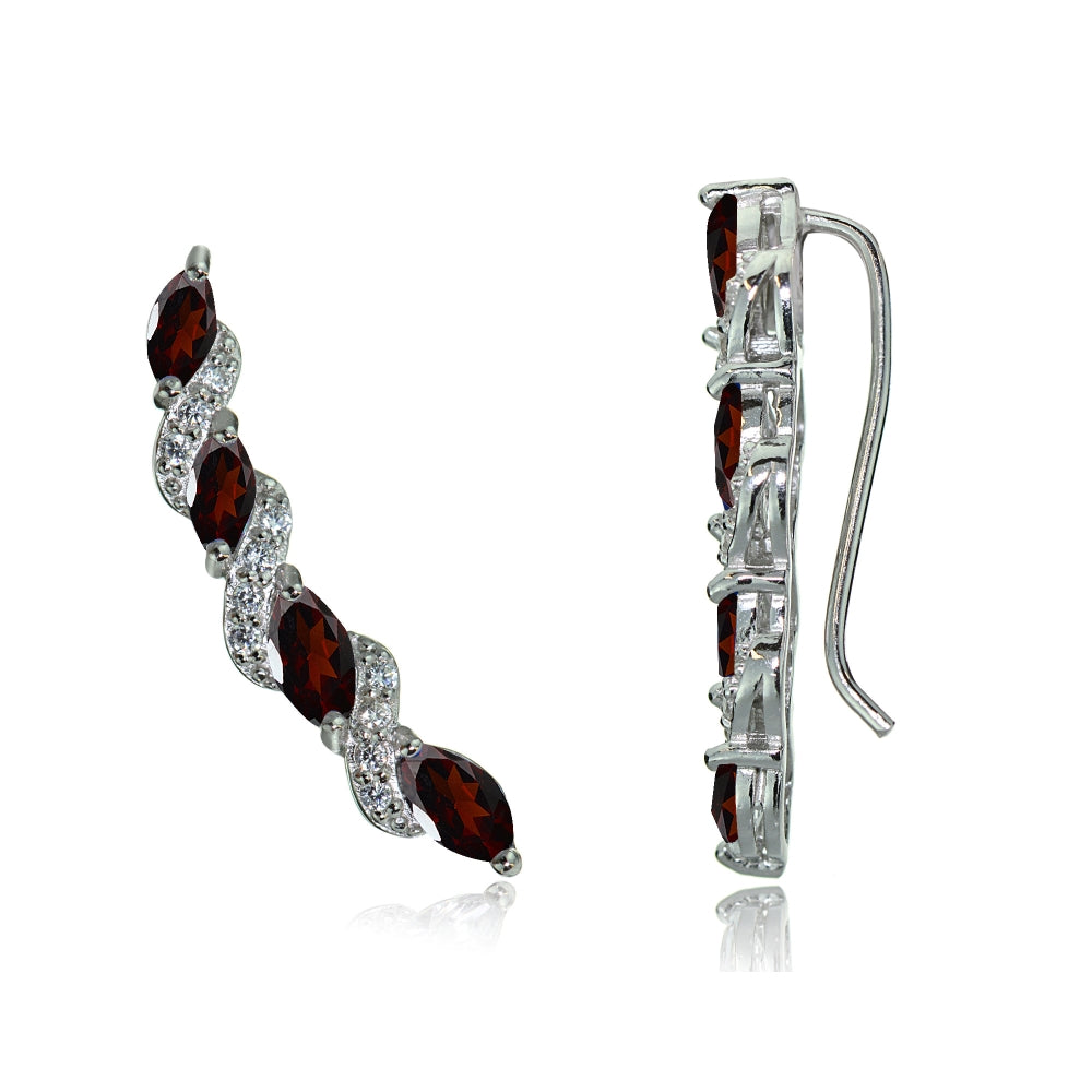Sterling Silver Garnet & White Topaz Twist Crawler Climber Hook Earrings-3