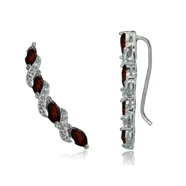 Sterling Silver Garnet & White Topaz Twist Crawler Climber Hook Earrings