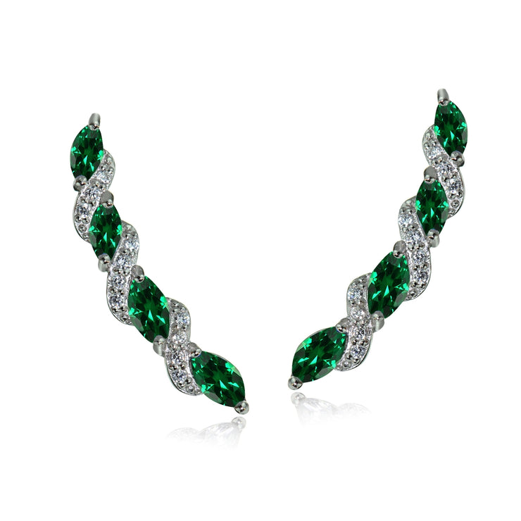 Sterling Silver Created Emerald & White Topaz Twist Crawler Climber Hook Earrings
