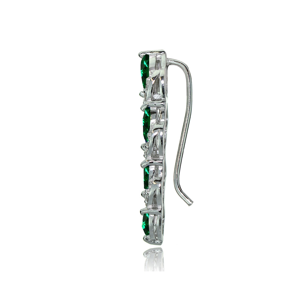Sterling Silver Created Emerald & White Topaz Twist Crawler Climber Hook Earrings-2