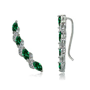 Sterling Silver Created Emerald & White Topaz Twist Crawler Climber Hook Earrings