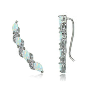 Sterling Silver Created White Opal and White Topaz Twist Crawler Climber Hook Earrings