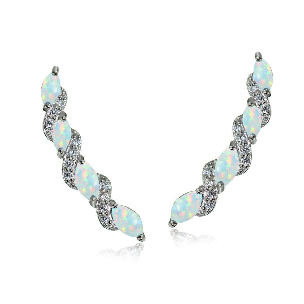 Sterling Silver Created White Opal and White Topaz Twist Crawler Climber Hook Earrings-2