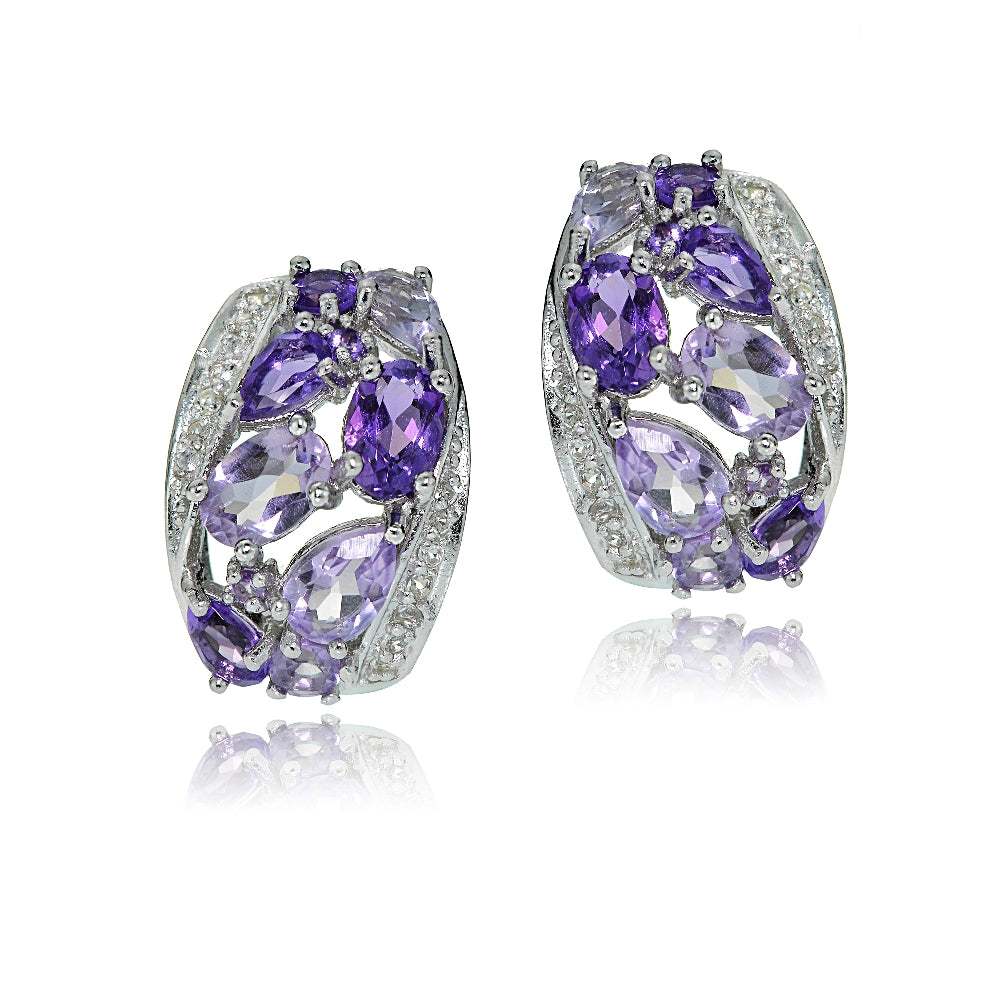 Sterling Silver Amethyst and White Topaz Cluster Tonal Earrings-2