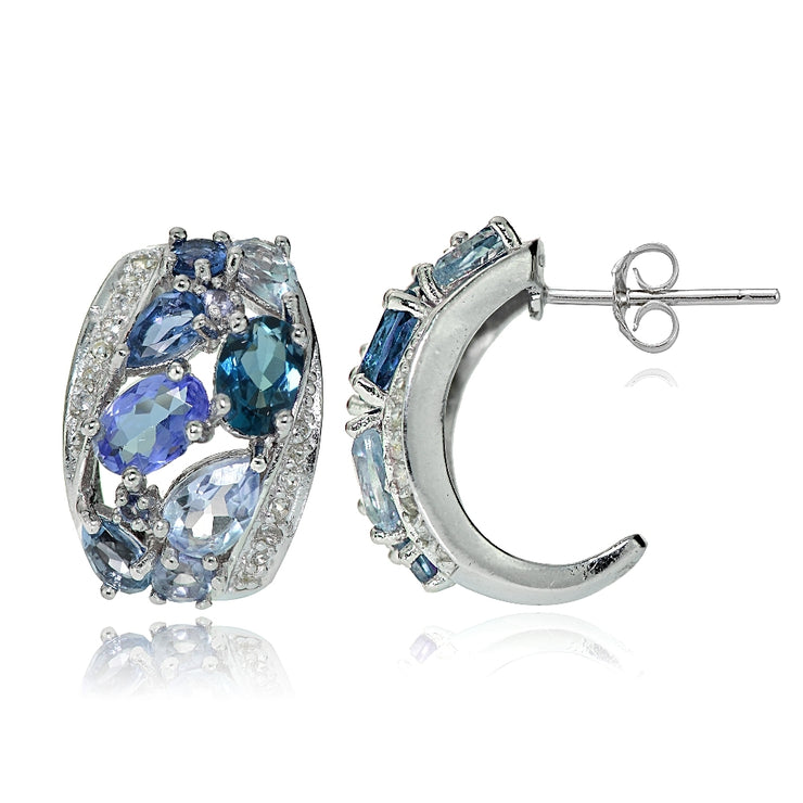 Sterling Silver Tanzanite, Aquamarine, London Blue and White Topaz Cluster Tonal Earrings