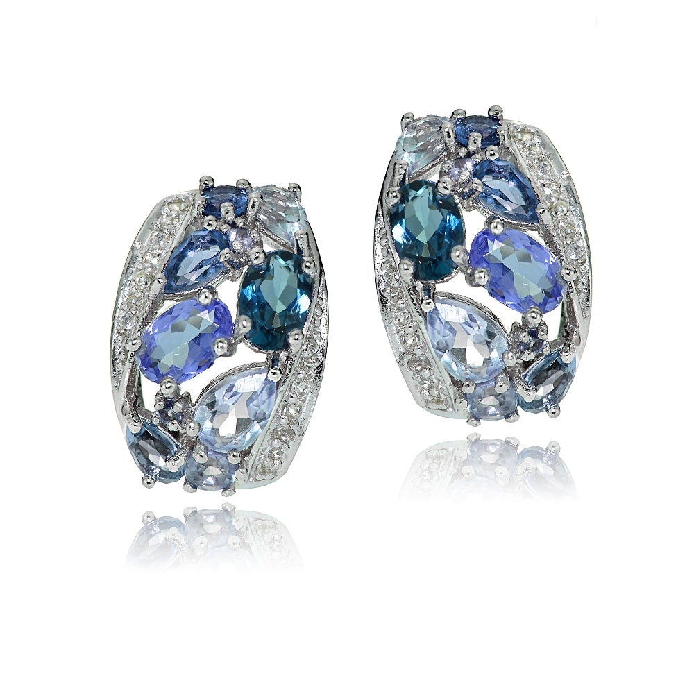 Sterling Silver Tanzanite, Aquamarine, London Blue and White Topaz Cluster Tonal Earrings-2