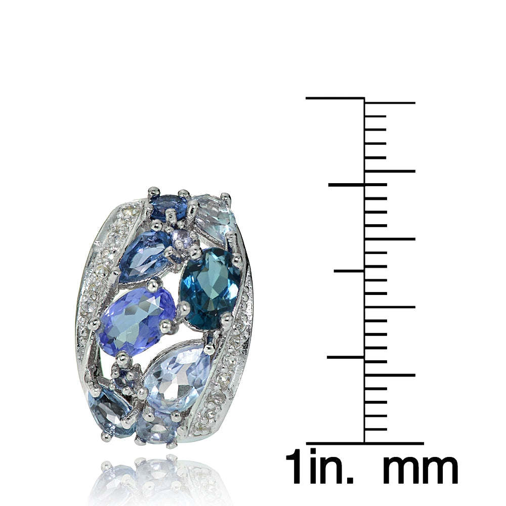 Sterling Silver Tanzanite, Aquamarine, London Blue and White Topaz Cluster Tonal Earrings-4