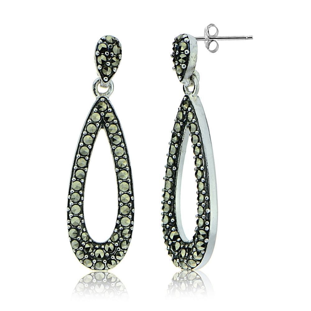 Sterling Silver Marcasite Open Teardrop Dangle Earrings