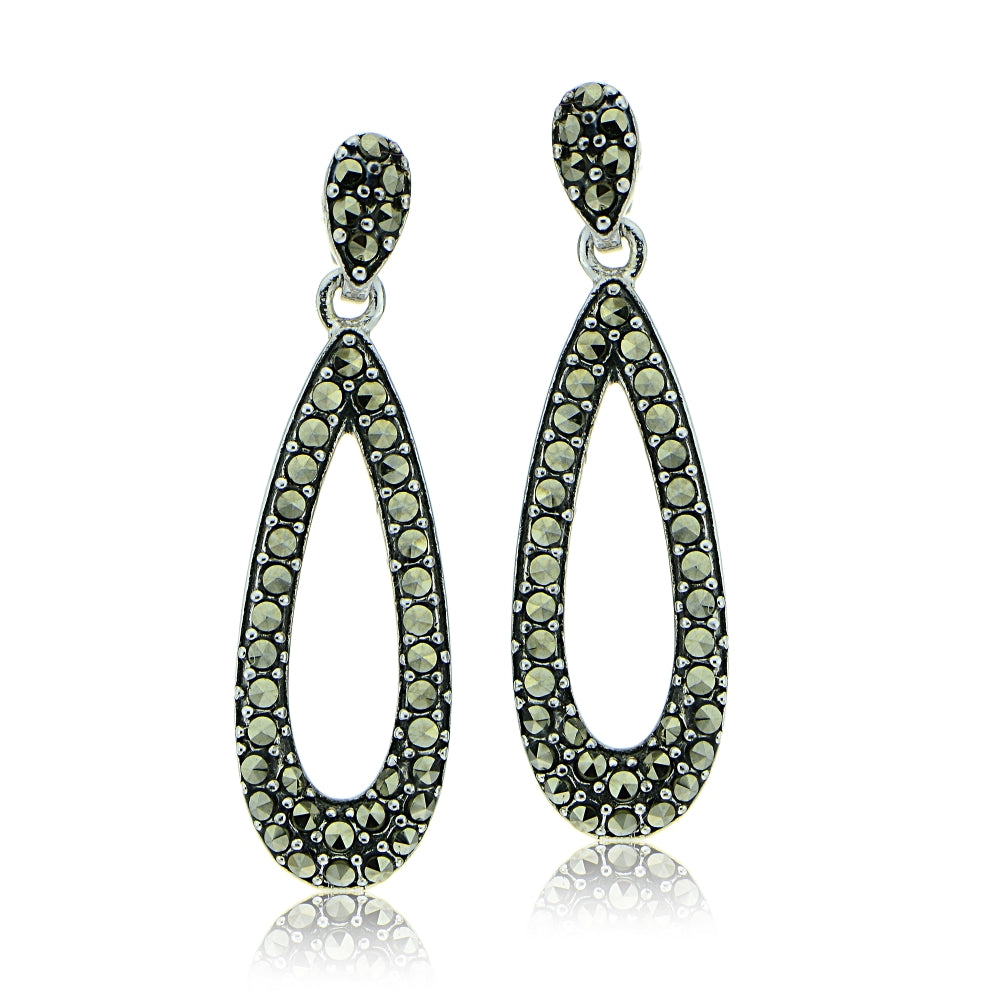 Sterling Silver Marcasite Open Teardrop Dangle Earrings-2