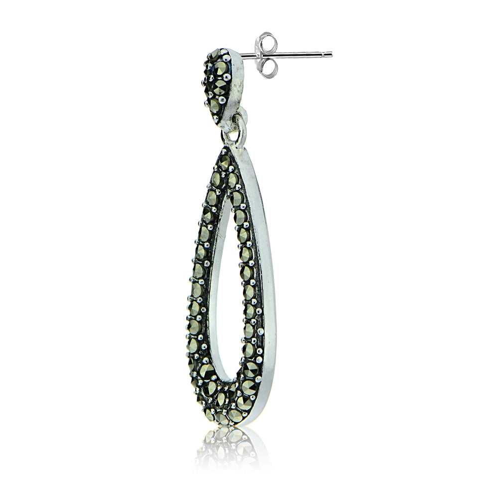 Sterling Silver Marcasite Open Teardrop Dangle Earrings-3