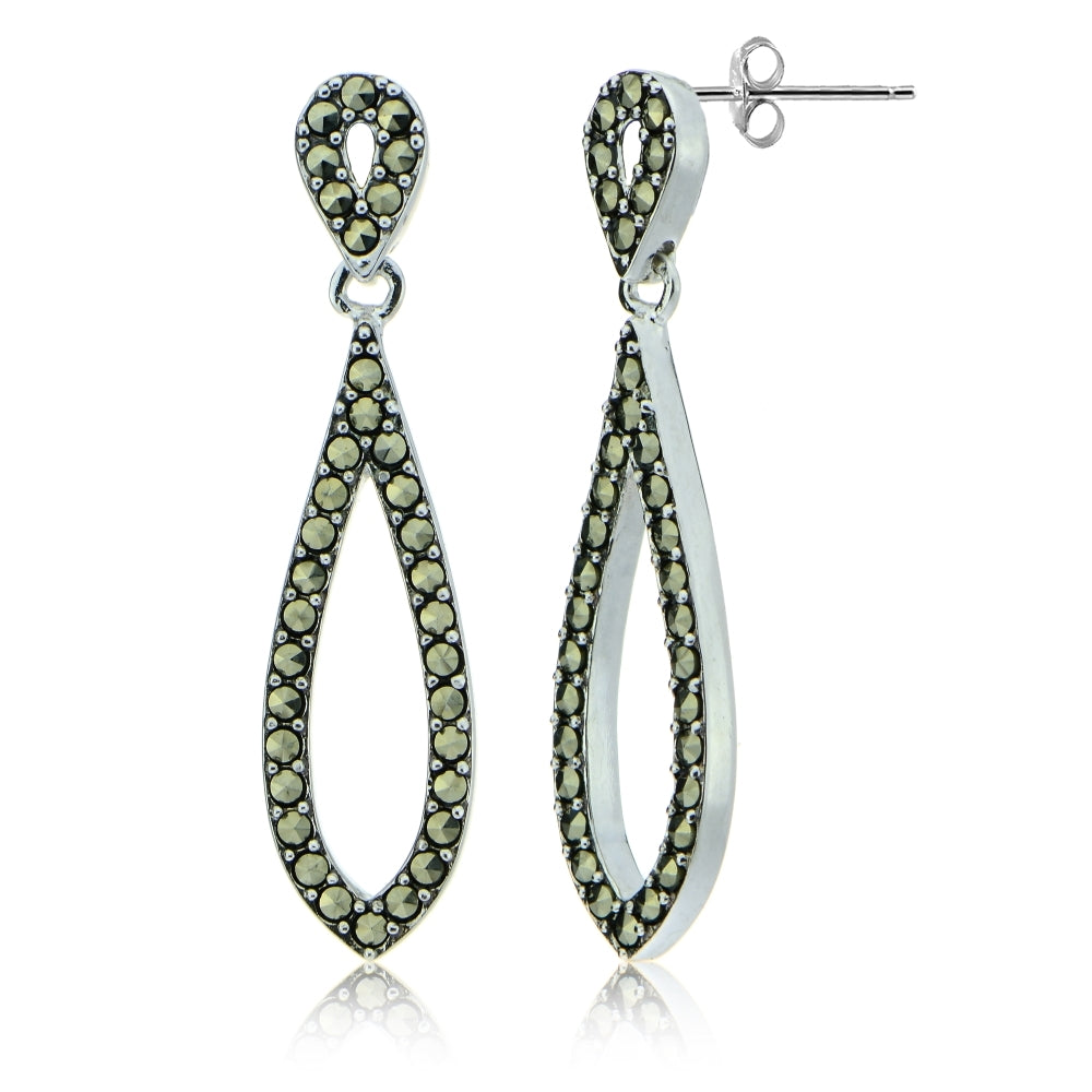 Sterling Silver Marcasite Open Double Teardrop Dangle Earrings