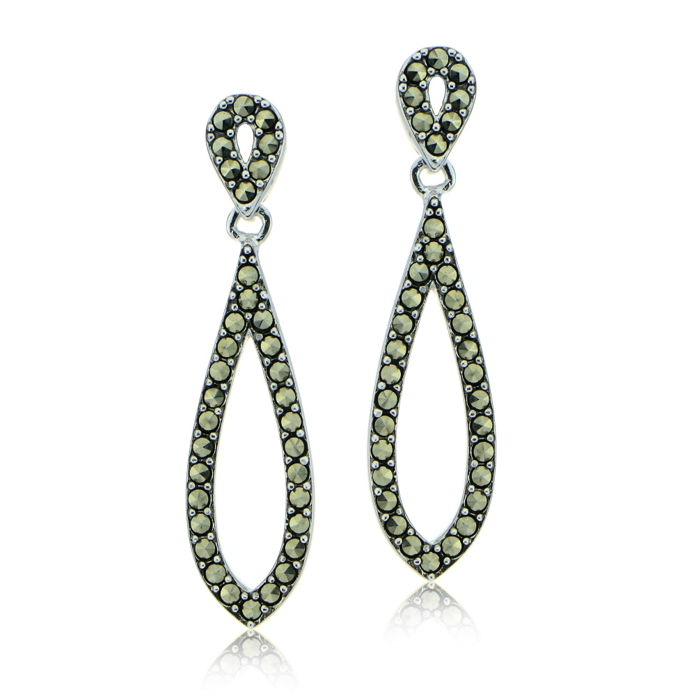 Sterling Silver Marcasite Open Double Teardrop Dangle Earrings-2