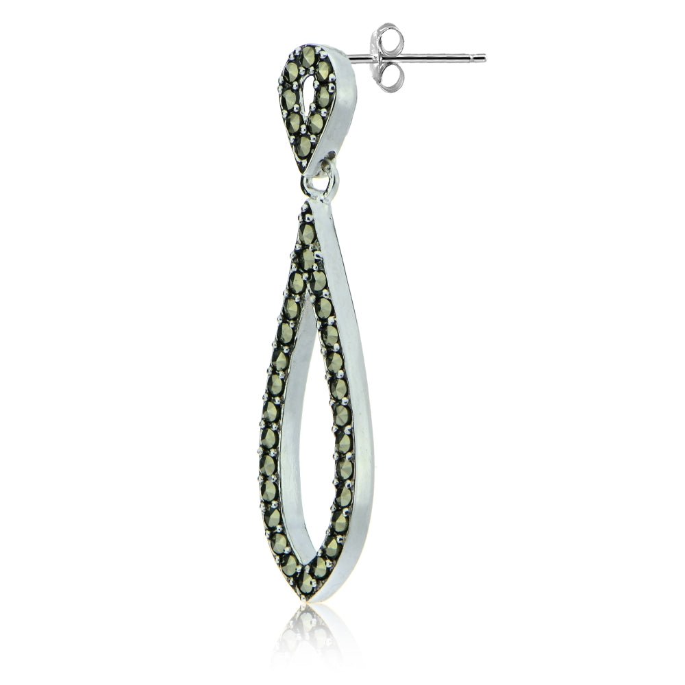 Sterling Silver Marcasite Open Double Teardrop Dangle Earrings-3