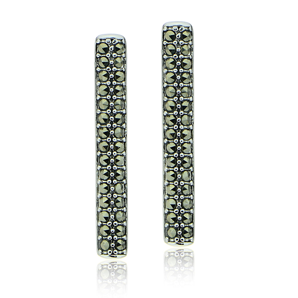 Sterling Silver Marcasite Vertical Bar Drop Earrings-2