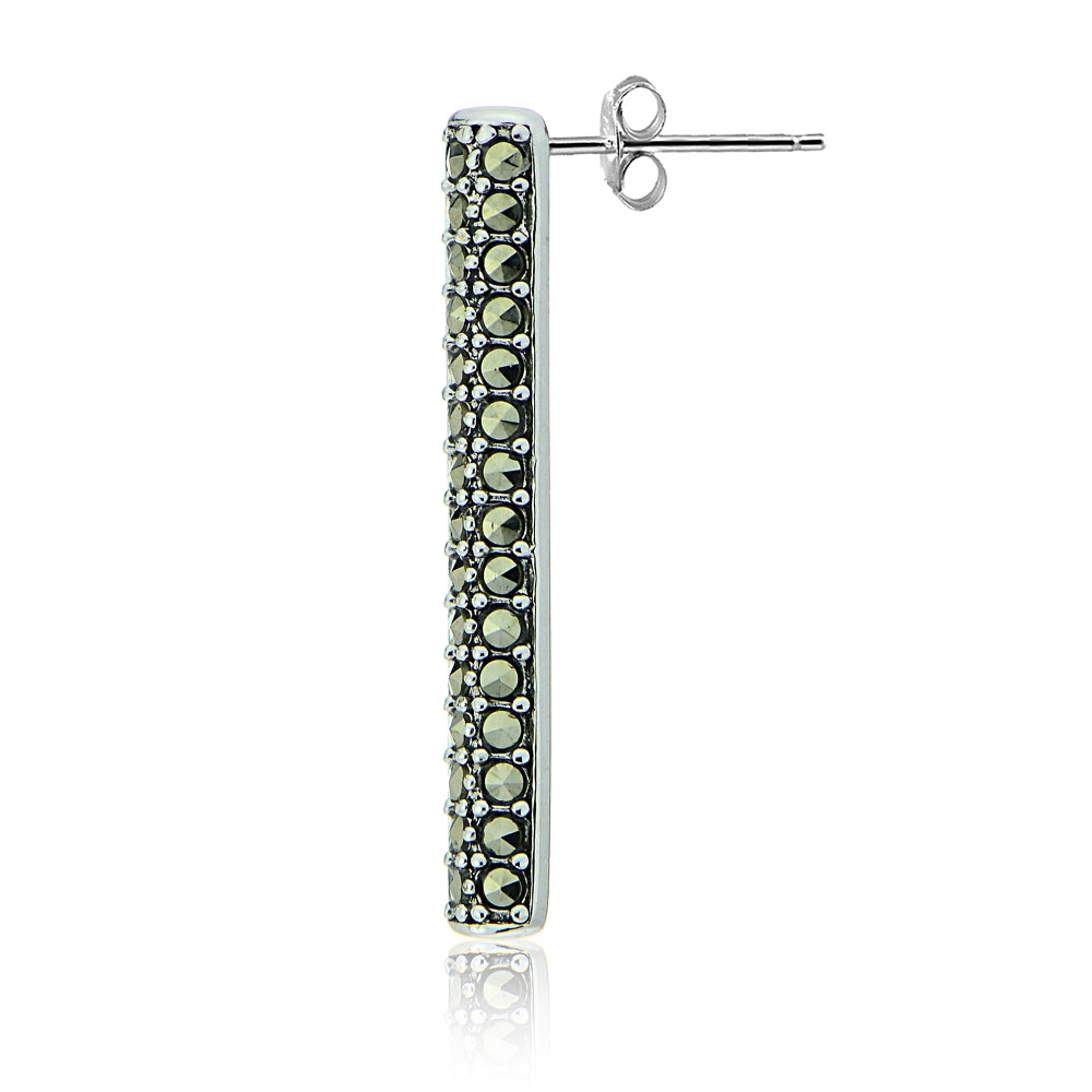 Sterling Silver Marcasite Vertical Bar Drop Earrings-3
