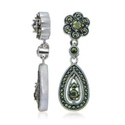 Sterling Silver Marcasite Teardrop and Flower Dangle Earrings