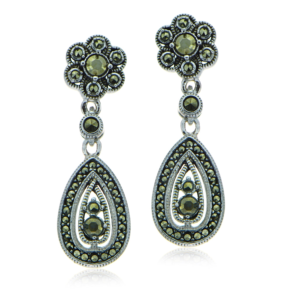 Sterling Silver Marcasite Teardrop and Flower Dangle Earrings-2