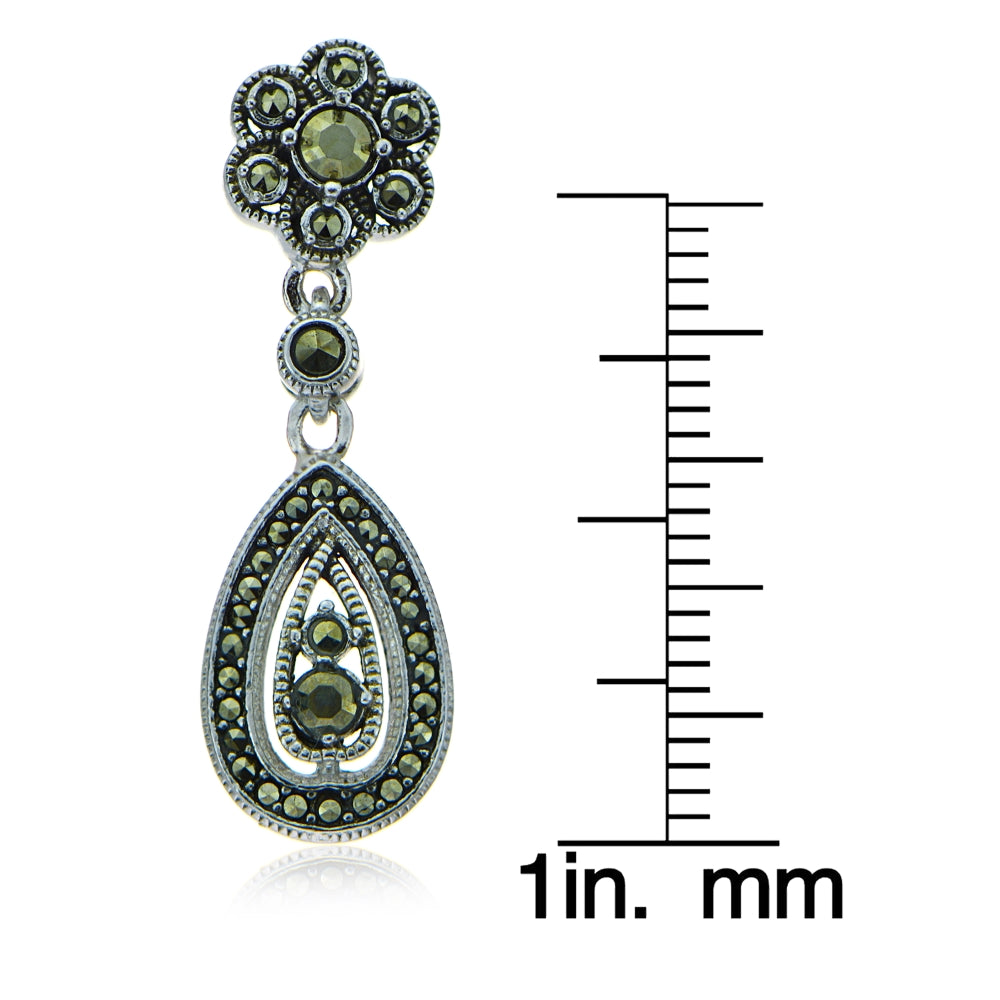 Sterling Silver Marcasite Teardrop and Flower Dangle Earrings-4