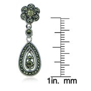Sterling Silver Marcasite Teardrop and Flower Dangle Earrings