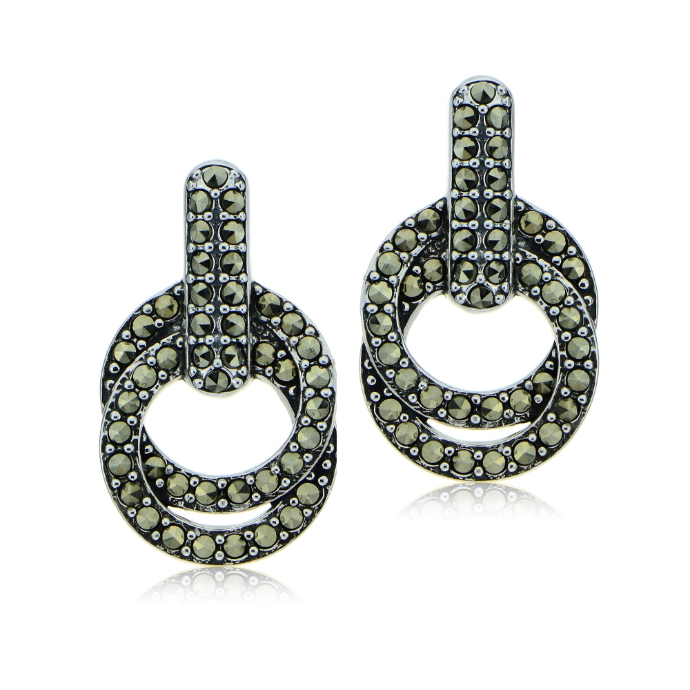Sterling Silver Marcasite Interlocking Circle and Bar Dangle Earrings-2