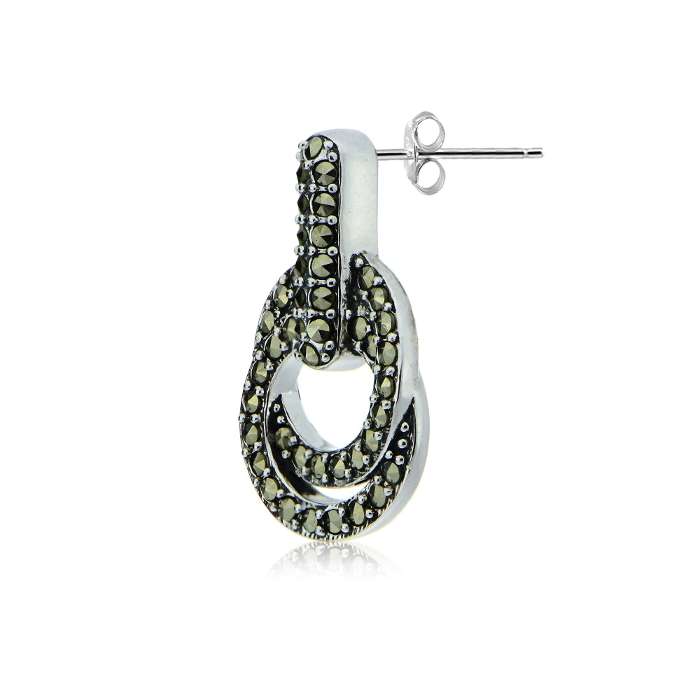 Sterling Silver Marcasite Interlocking Circle and Bar Dangle Earrings-3