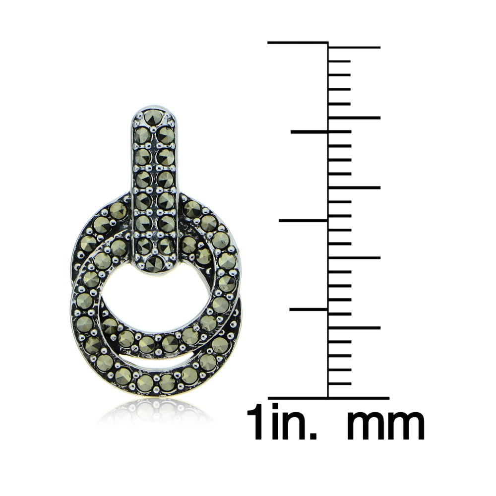 Sterling Silver Marcasite Interlocking Circle and Bar Dangle Earrings-4