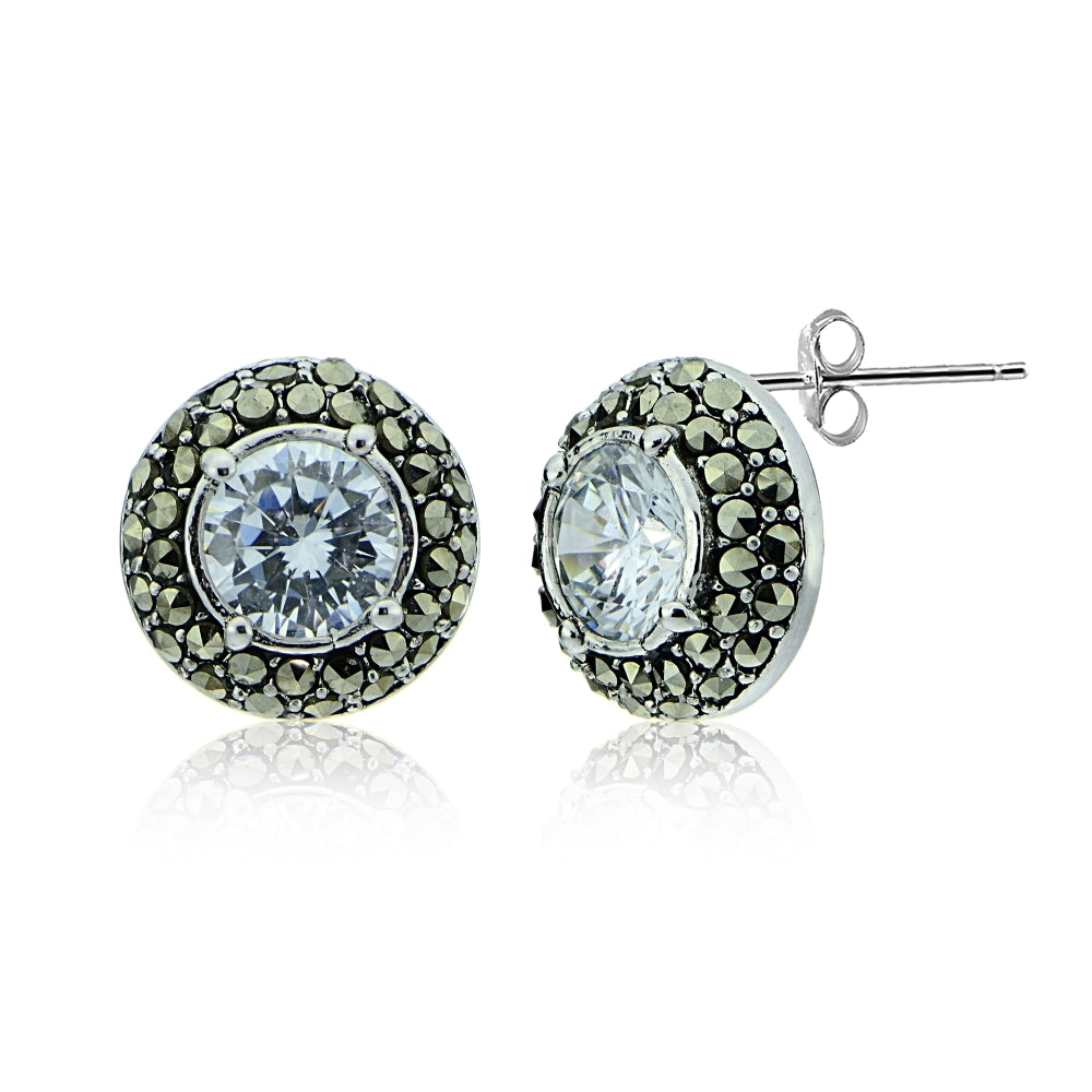 Sterling Silver Marcasite and Cubic Zirconia Halo Stud Earrings