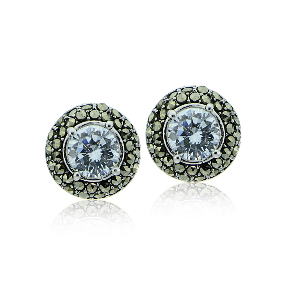 Sterling Silver Marcasite and Cubic Zirconia Halo Stud Earrings-2