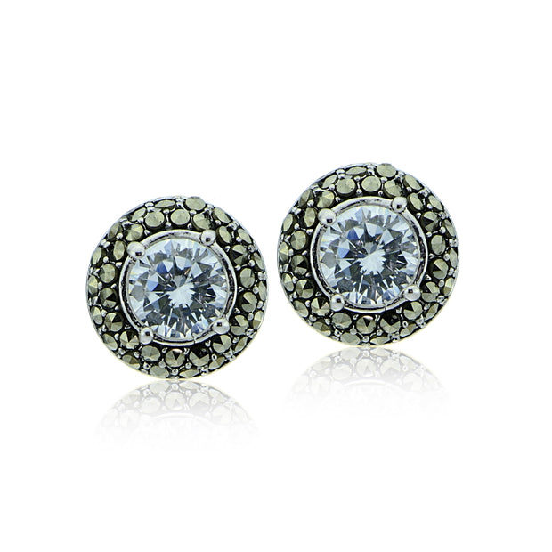 Sterling Silver Marcasite and Cubic Zirconia Halo Stud Earrings