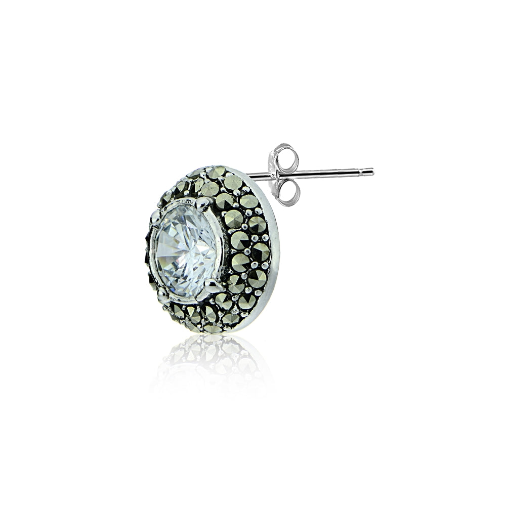 Sterling Silver Marcasite and Cubic Zirconia Halo Stud Earrings-3