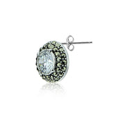 Sterling Silver Marcasite and Cubic Zirconia Halo Stud Earrings
