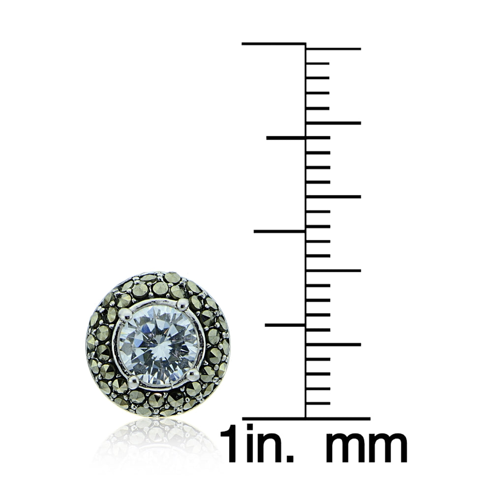 Sterling Silver Marcasite and Cubic Zirconia Halo Stud Earrings-4