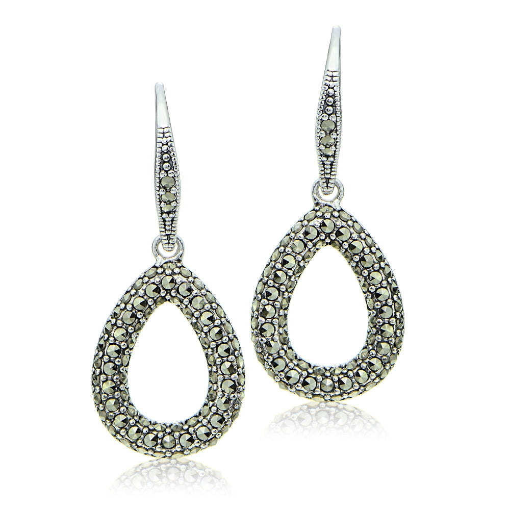 Sterling Silver Marcasite Open Pear-Shape Leverback Earrings-2