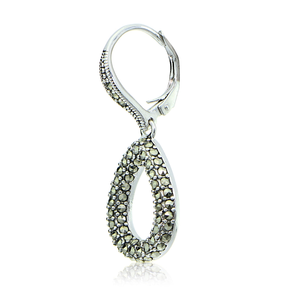 Sterling Silver Marcasite Open Pear-Shape Leverback Earrings-3